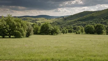 Et landskap med åpne områder av gress, noen trær og åser i bakgrunnen