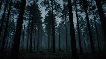 En mørk og mystisk skog med høye trær og et svakt månelys i bakgrunnen.