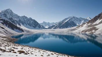 Et åndeløst landskap med en dyp blå innsjø og snødekte fjell