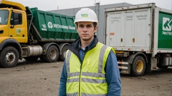 En person ansvarlig for avfallshåndtering, stående foran en resirkuleringsbil.