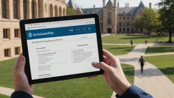 En student søker om stipend på en tablet, med et universitetscampus i bakgrunnen.