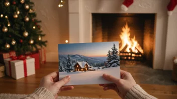 En person som holder et julekort med et snølandskap og en varm peis i bakgrunnen.