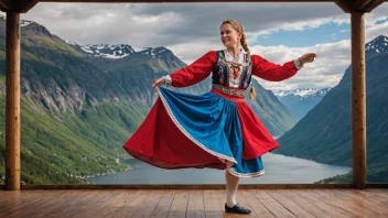 En folkedanser i tradisjonell norsk drakt, danser på en scene.