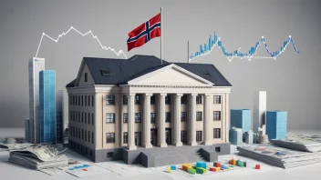 Et bilde som representerer et norsk selskap i form av en bygning med et norsk flagg på toppen, omgitt av finansielle diagrammer og grafer.