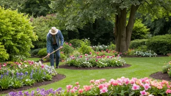 En person i en hage, omgitt av frodig grønt og fargerike blomster, som passer på plantene med omsorg.