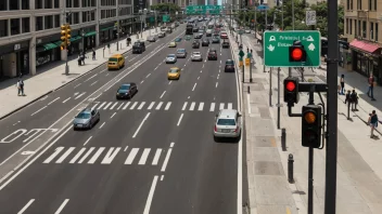 En bys trafikkdirigeringssystem, med trafikklys, skilt og fotgjengere.