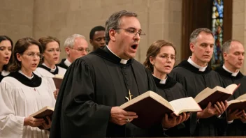 En gruppe mennesker synger salmer i en kirke, med en prest eller pastor som leder gudstjenesten.