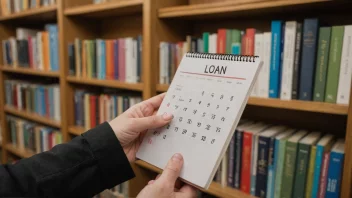 En person låner en bok fra et bibliotek med en kalender i bakgrunnen som viser låneperioden.