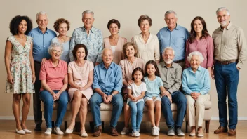 En familie med flere generasjoner, hver representert av en annen tidsperiode.