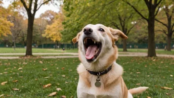 En hund med åpen munn, barking høyt, i en park med grønt gress og trær