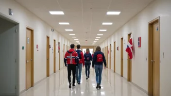 En skolebygning med elever som går i gangen.