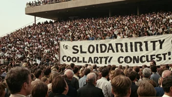 En solidaritetskonsert med en stor folkemengde og et banner i bakgrunnen.