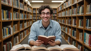 En person som leser en morsom bok på biblioteket.