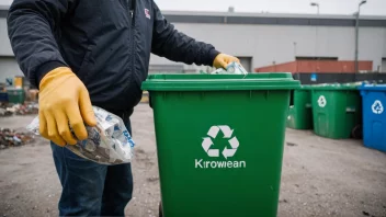 En person som holder en resirkuleringsbehålder med en norsk kronersymbol på, som symboliserer skatten på avfall.