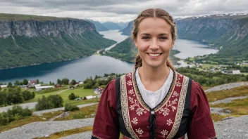 En person fra Sør-Trøndelag, Norge, med tradisjonell drakt og et vennlig smil, stående foran en naturskjønn utsikt over regionen.