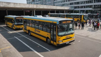 En busstasjon med flere busser parkert og passasjerer som venter