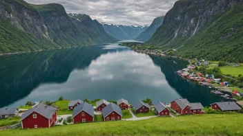 Et idyllisk fjordlandskap i Norge med en liten landsby og tradisjonelle hus