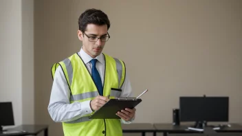 Et bilde av en person i profesjonell antrekk, som holder en clipboard og observerer et bestemt område eller sektor.