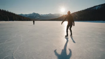 En person som går på skøyter på en frossen innsjø, med et solfylt vinterlandskap i bakgrunnen.