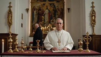 En prest i en kirke, omgitt av religiøse symboler og artefakter.