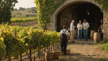 Et bilde som viser de forskjellige aspektene av vinkultur, fra druehøsting til vinsmaking.