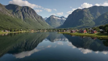 Et pittoreskt landskap av en norsk fjellkjede med en liten landsby i forgrunnen.