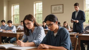 En student som tar en eksamen, med en lærer eller professor som overvåker i bakgrunnen.