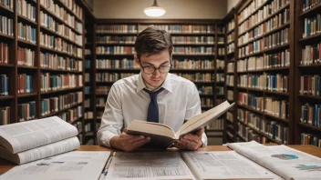 En illustrasjon av en person som leser en bok, omgitt av forskningsmateriale, som representerer studiet av lesing og dens effekter.