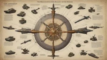 Et bilde som representerer den komplekse organiseringen av våpen og krigsstrategier innen et samfunn.