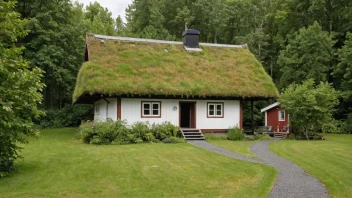 Et tradisjonelt norsk langhus med lang og smal form, omgitt av trær og en hage.