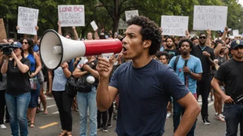 En separatistleder som står foran en folkemengde, holder en megafon og leder en protest.