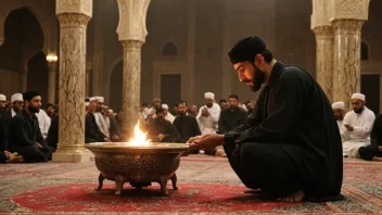 En sjiamoské med intrikat arkitektur og en minaret.