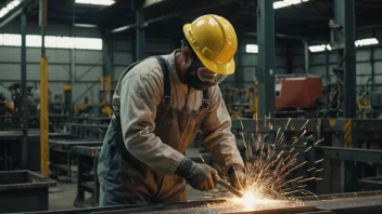 En stålarbeider på en fabrikk, med hjelm og hansker, som opererer en maskin som skjærer gjennom stål.