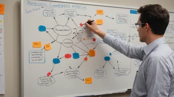 En person som analyserer en kompleks systemmodell på en tavle.