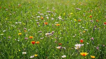 Et fredelig og levende bilde av en blomstrende eng med lys grønt gress og fargerike blomster, som fremkaller følelser av natur og vår.