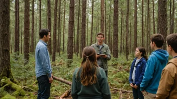 En skogbrukslærer i en skog, underviser elever om skogbruk og relaterte emner.