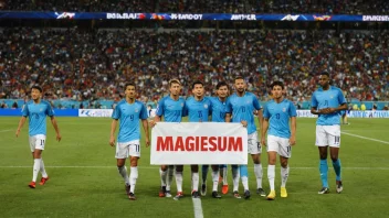 En gruppe fotballspillere på et stadion, med et skilt som leser 'Magnesiumdivisjon' i bakgrunnen.