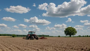 En stor, tom fakse med noen trær og en traktor i bakgrunnen