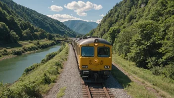 Et tog på en jernbane, med et naturskjønt landskap i bakgrunnen.