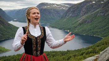 En tradisjonell norsk sanger i en regional drakt, synger en folkemelodi i et naturskjønt landskap.