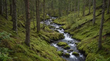 Et fredelig norsk skoglandskap med høye trær, en liten bekk og vilt som streifer fritt.