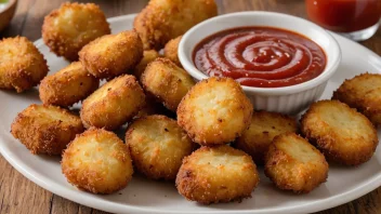 En tallerken med sprø potetnuggets og en side med ketchup