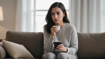 En kvinne som ser trett og slapp ut, sitter på en sofa med en kopp kaffe.