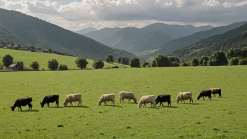 Et idyllisk landskap av en beitemark, med dyr som beiter fritt i en frodig grønn eng.