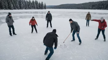 En morsom og livlig scene av mennesker som spiller isspill på en frossen innsjø.