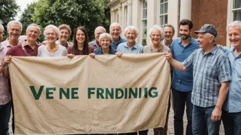 En gruppe mennesker fra ulike aldersgrupper og bakgrunner samlet sammen, smiler og chatter, med et banner eller skilt som leser 'Venneforening'