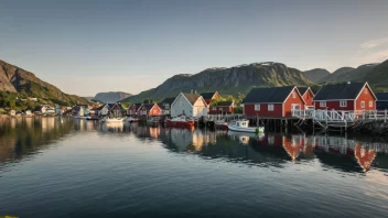 Et pittoreskt fiskevær i Norge med tradisjonelle hus og båter ved sjøen.