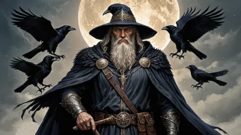 Odin, alle fedre, med sine ravner Huginn og Muninn