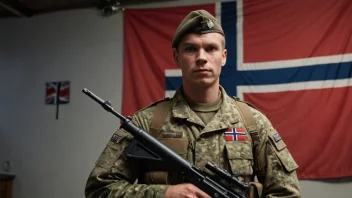 En norsk soldat i uniform, med en rifle og et alvorlig uttrykk, stående foran et norsk flagg.