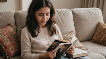 En person som sitter på en sofa med et fotoalbum i fanget, ser på gamle bilder med en blanding av sorg og glede i ansiktet.